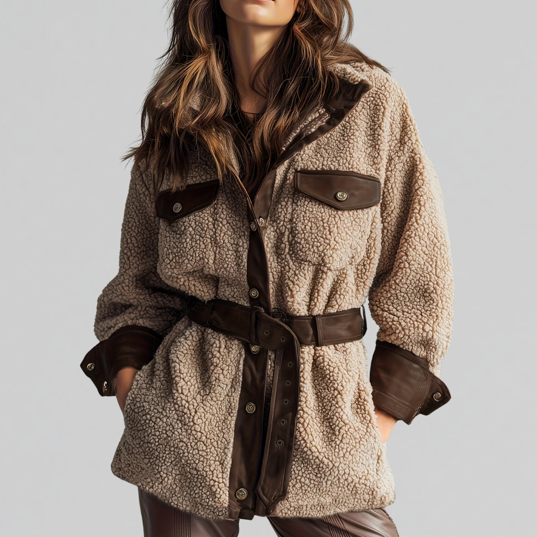 Manteau en polaire teddy pour femme | Veste courte boutonnée sur le devant avec ceinture