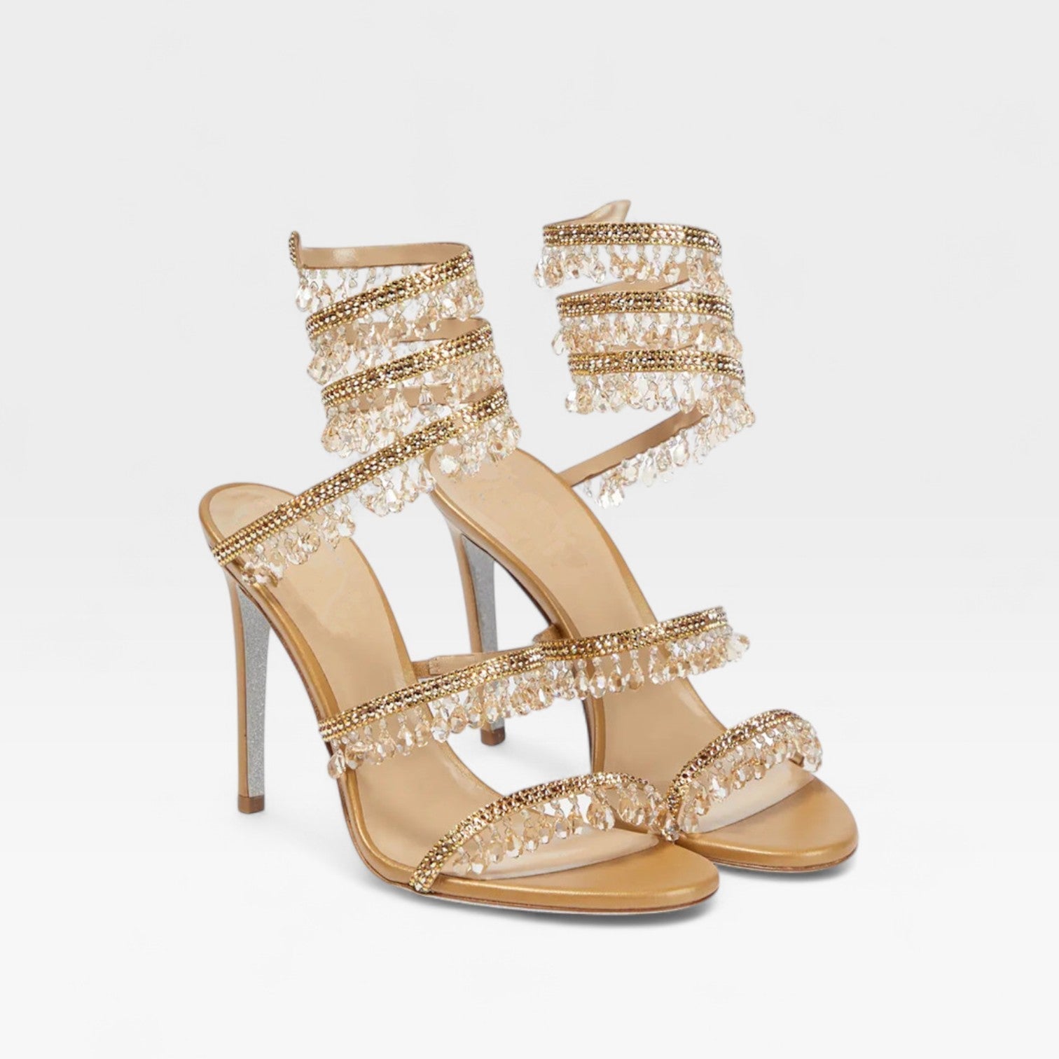 Stiletto Sandals with Spiral Wrap and Fringe Beading