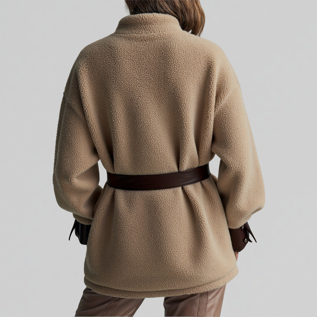 Manteau en polaire teddy pour femme | Veste courte boutonnée sur le devant avec ceinture