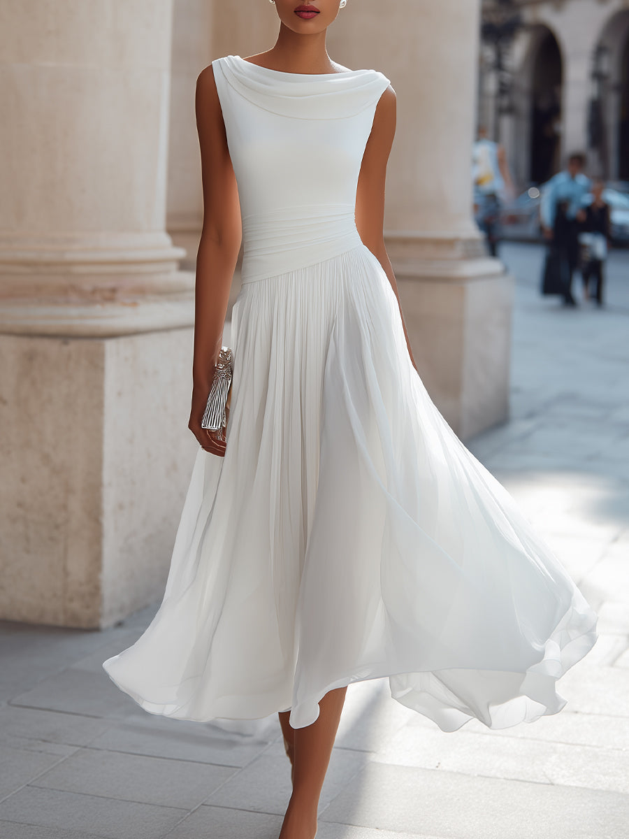Chiffon Midi Dress with Draped Cowl Neckline