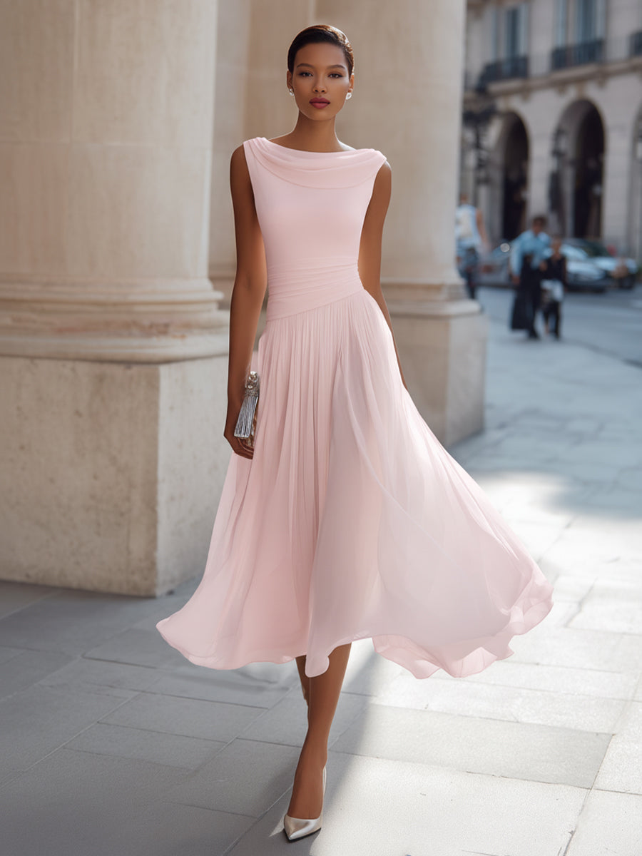 Chiffon Midi Dress with Draped Cowl Neckline