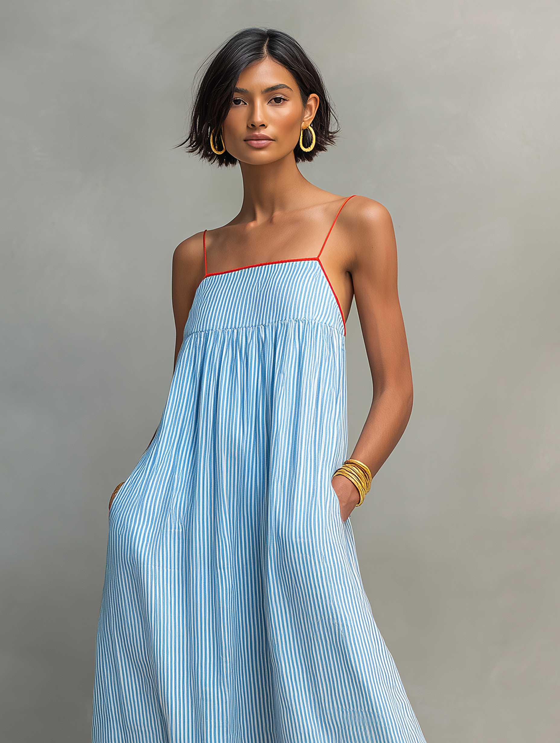 Striped Cami Maxi Dress with Contrast Trim