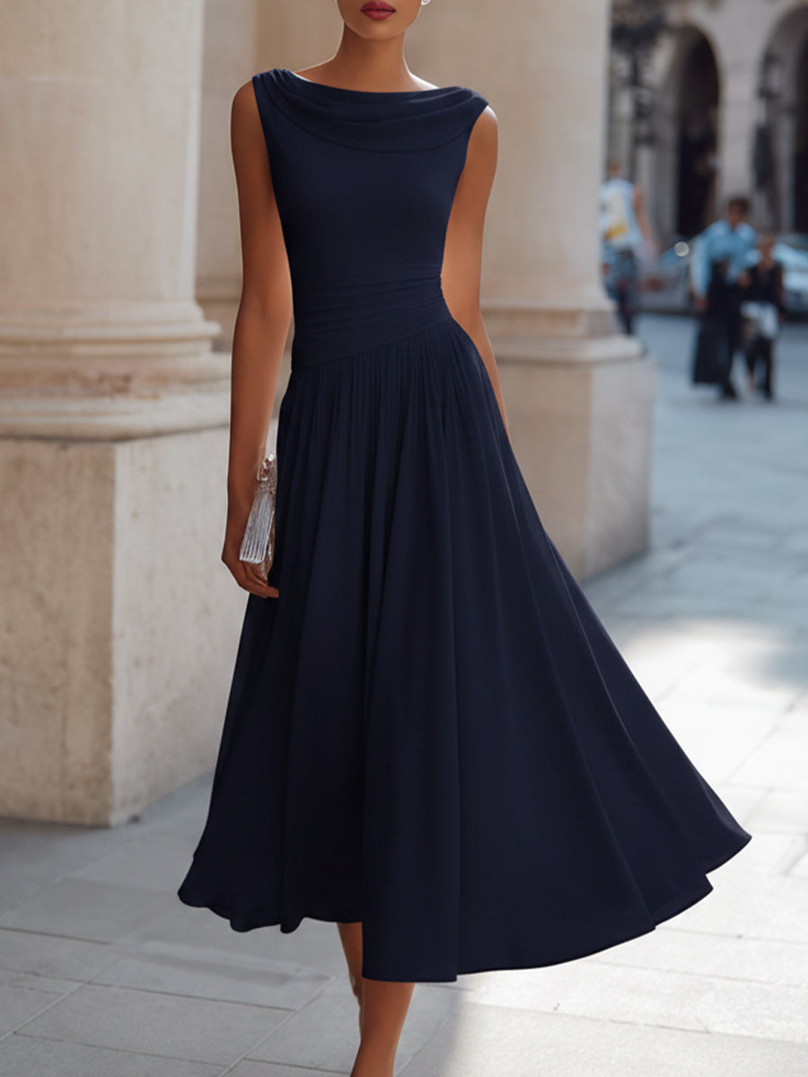 Chiffon Midi Dress with Draped Cowl Neckline