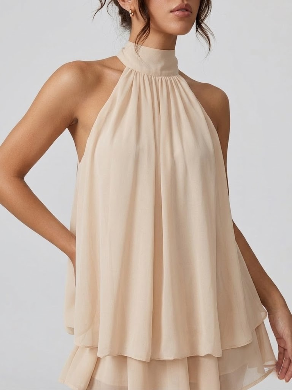 Halter Neck Chiffon Mini Dress with Tiered Hem