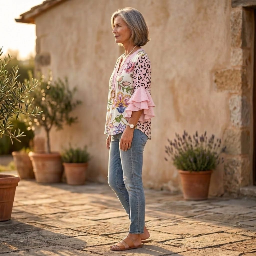 Ruffle-Sleeve Blouse with V-Neck Design