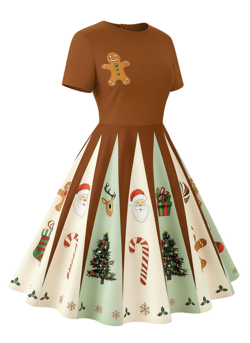 Women's Gingerbread Print Swing Dress | Knee Length Party Dress