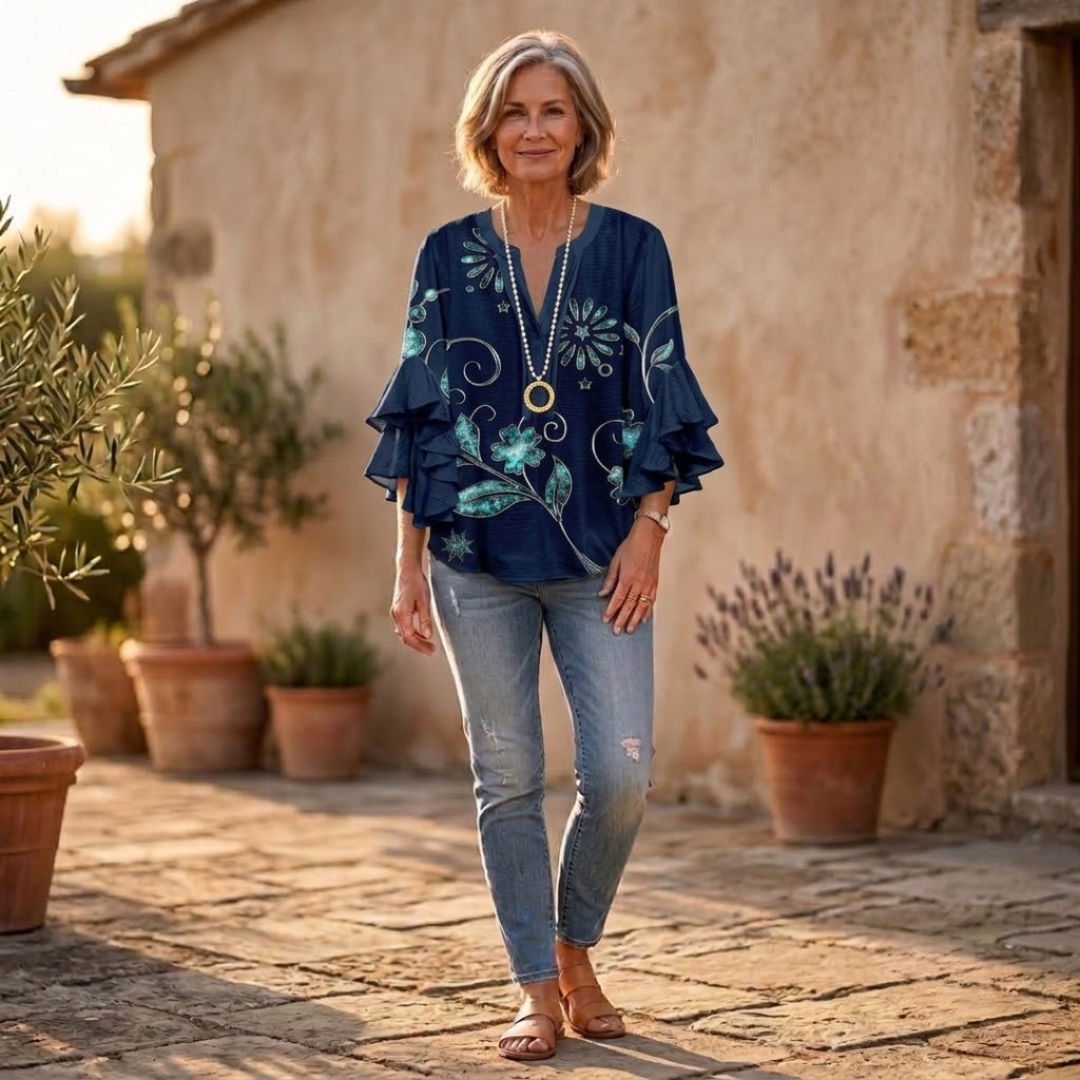 Ruffle-Sleeve Blouse with V-Neck Design