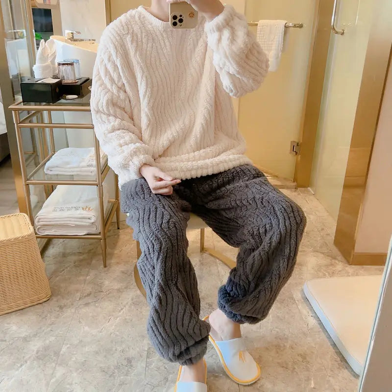 Men's Coral Fleece Pyjama Set | Soft Textured Lounge Set