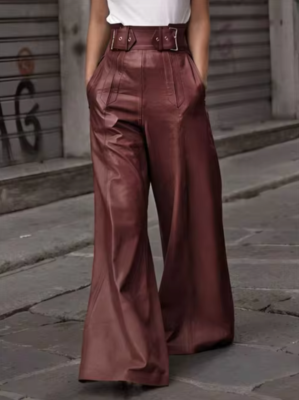 Pantalon femme taille haute en similicuir à jambes larges