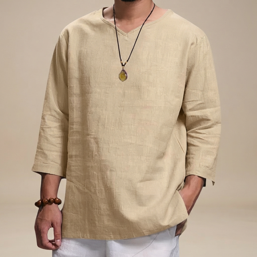 Chemise homme à col en V, coupe décontractée et manches trois-quarts