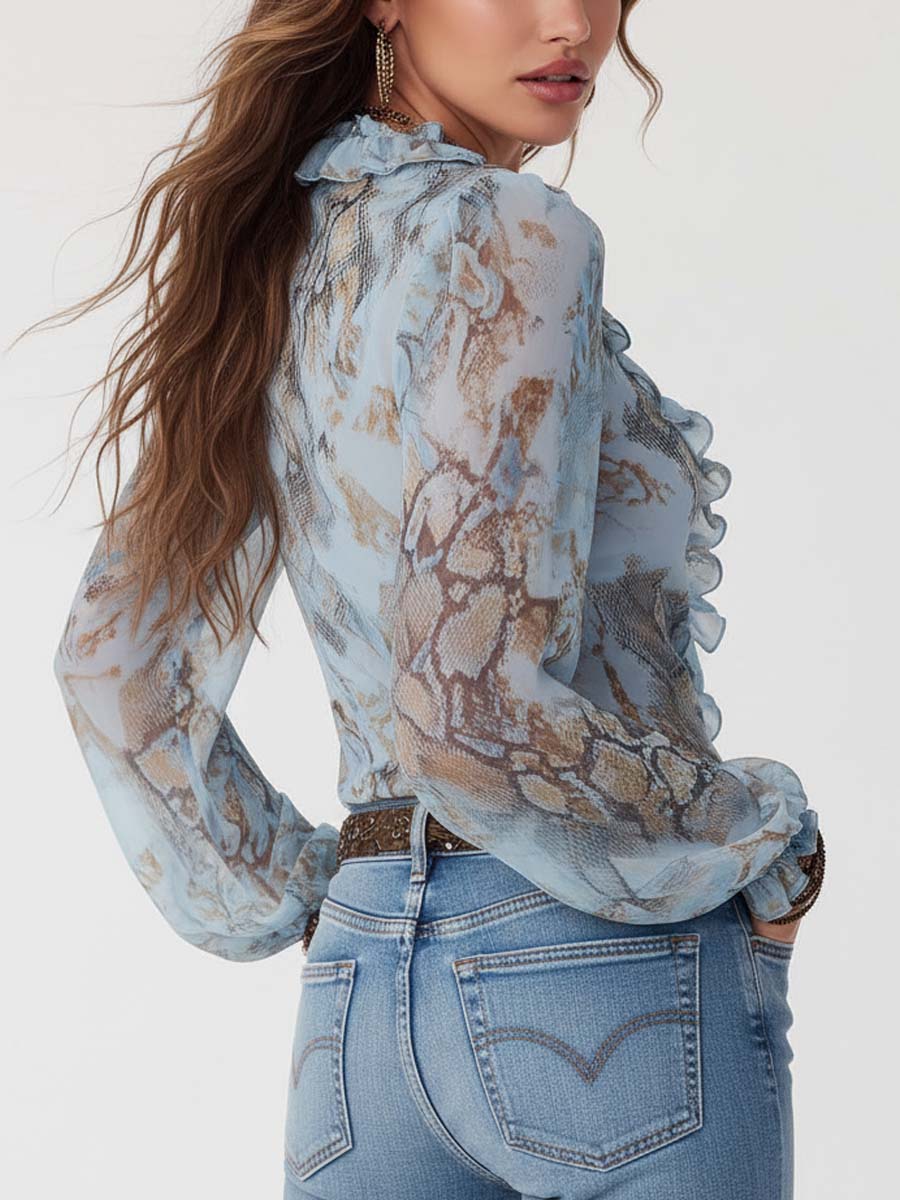Women's Ruffle Print Chiffon Zip Blouse