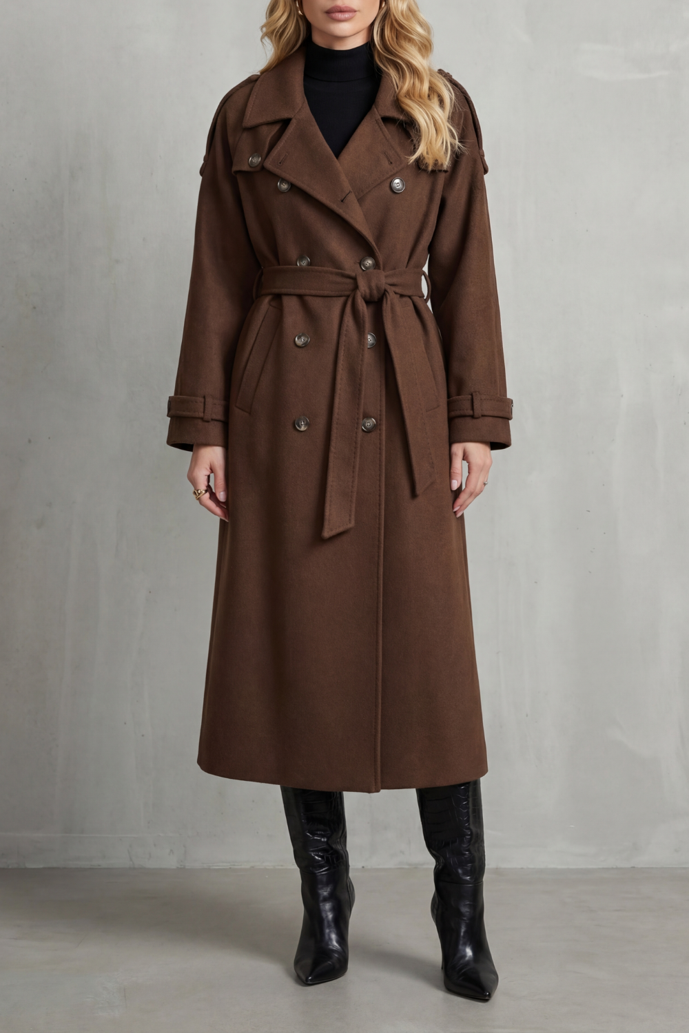 Trench-coat long pour femme, croisé à double boutonnage et ceinturé