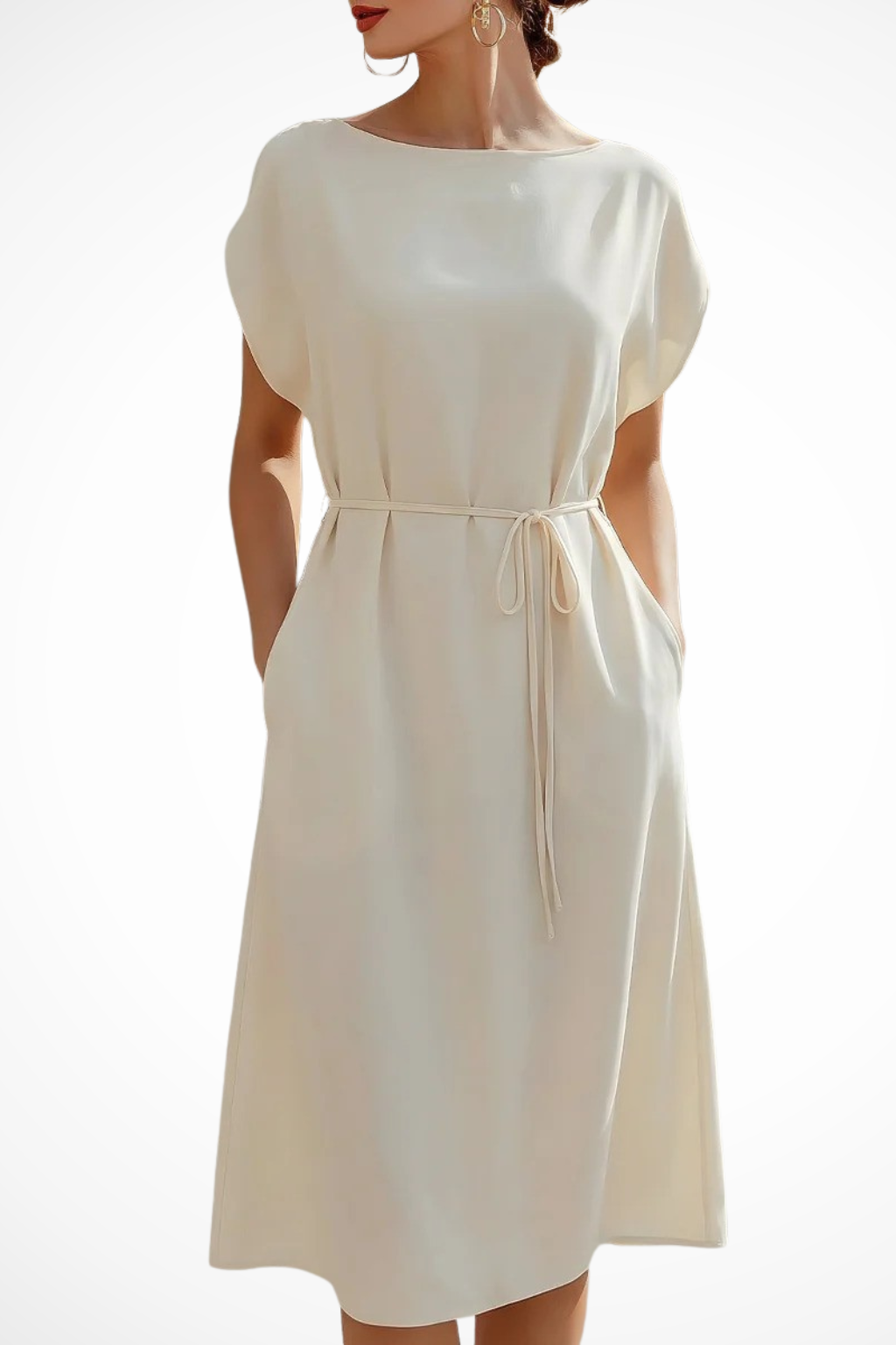 Robe midi pour femme à manches chauve-souris et taille nouée