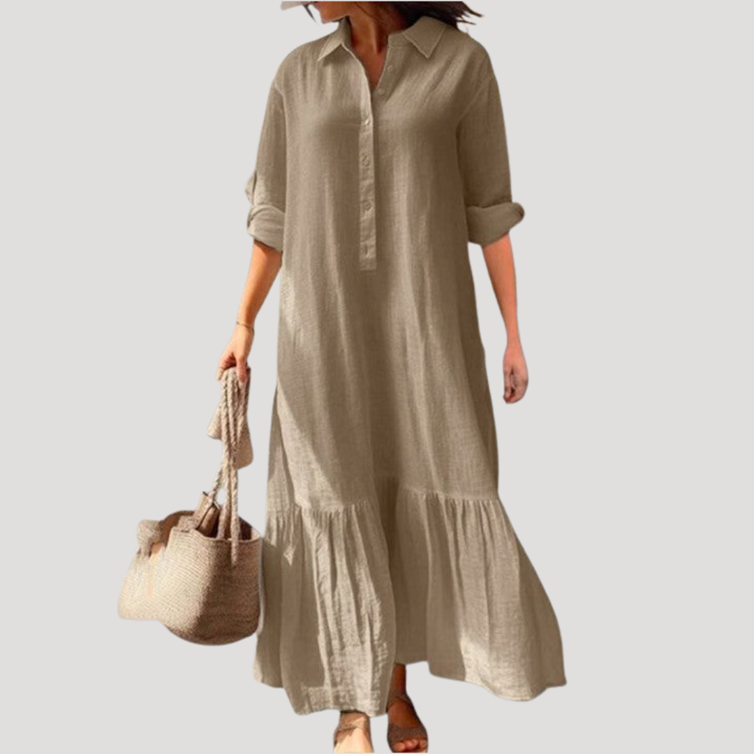 Cotton Shirt Dress with Tiered Hem and Button Front