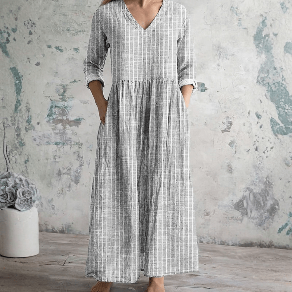 Women's Striped V-Neck Midi Dress