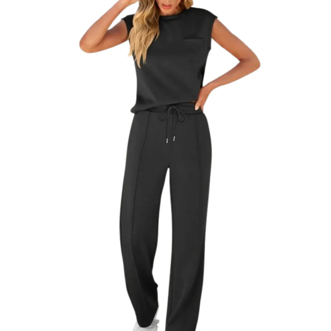 Women's Cap Sleeve Top and Drawstring Wide Leg Set