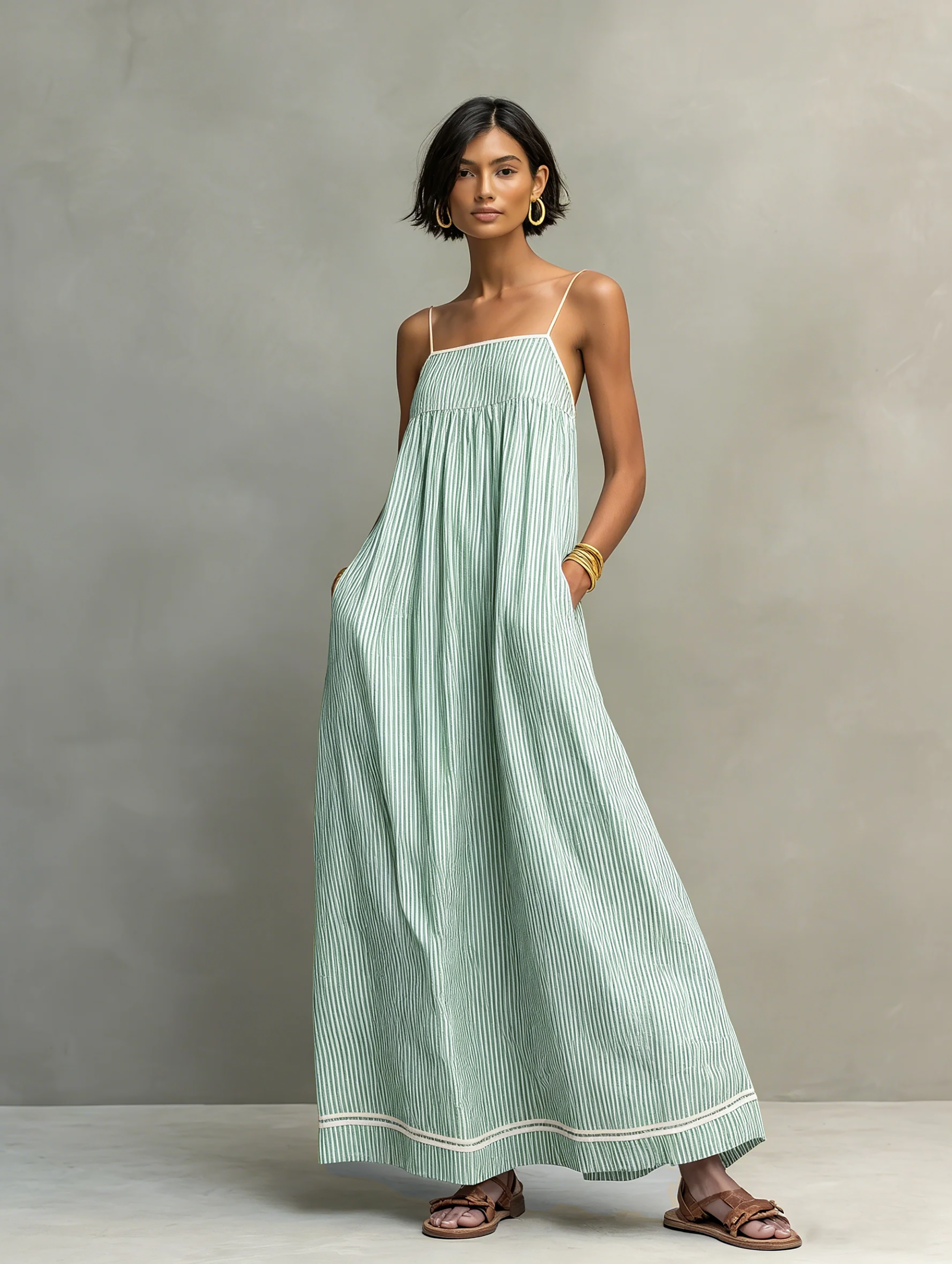 Striped Cami Maxi Dress with Contrast Trim
