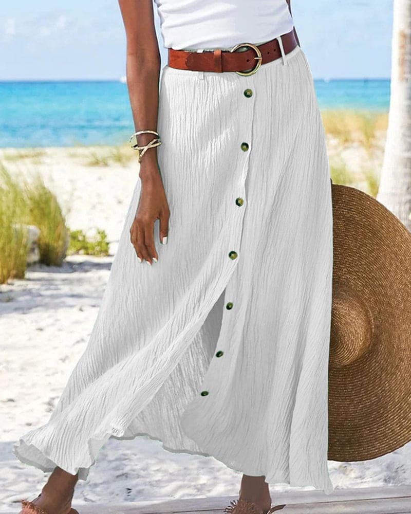 Linen Maxi Skirt with Button Front and Belted Waist