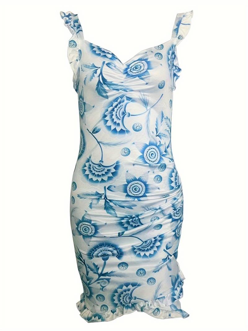 Women's Floral Ruched Mini Dress with Ruffle Straps