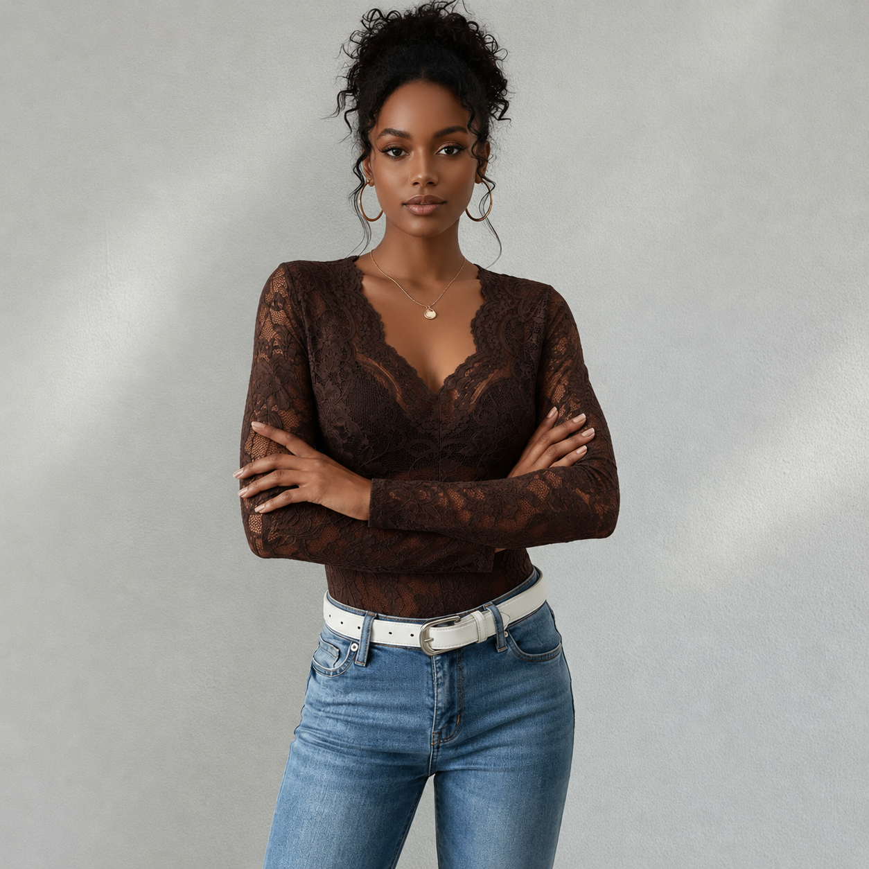 Lace Blouse with V-Neck and Long Sleeves