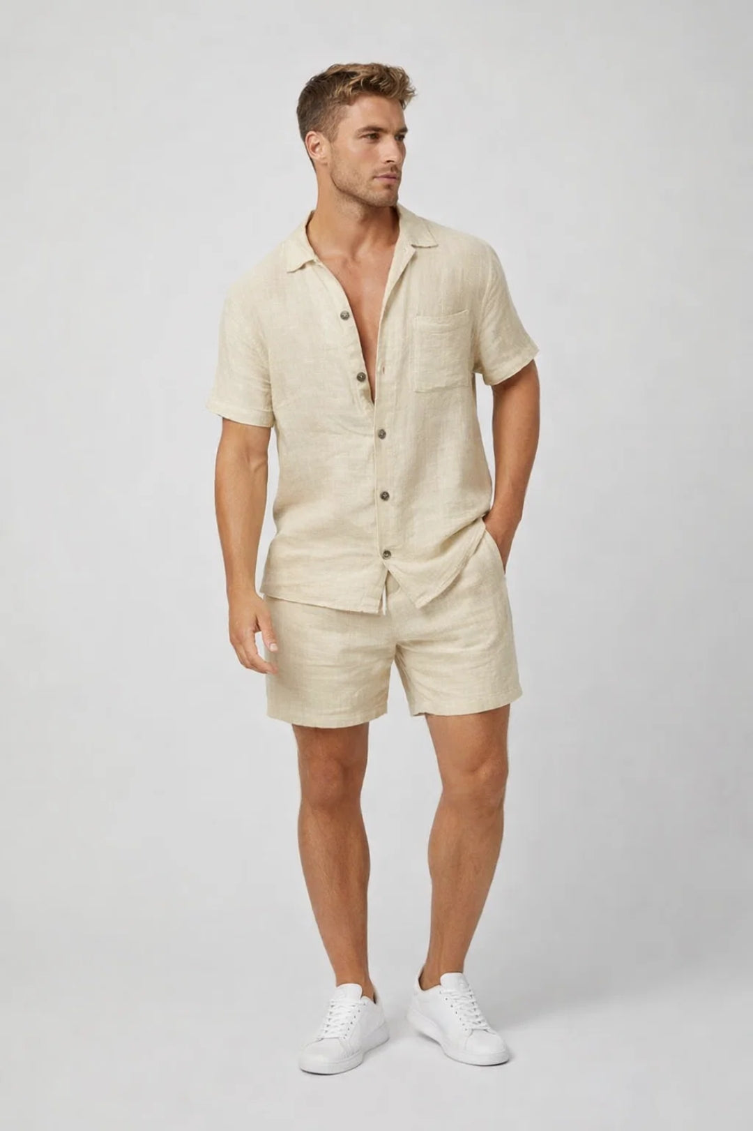 Linen Shirt and Shorts Set with Chest Pocket