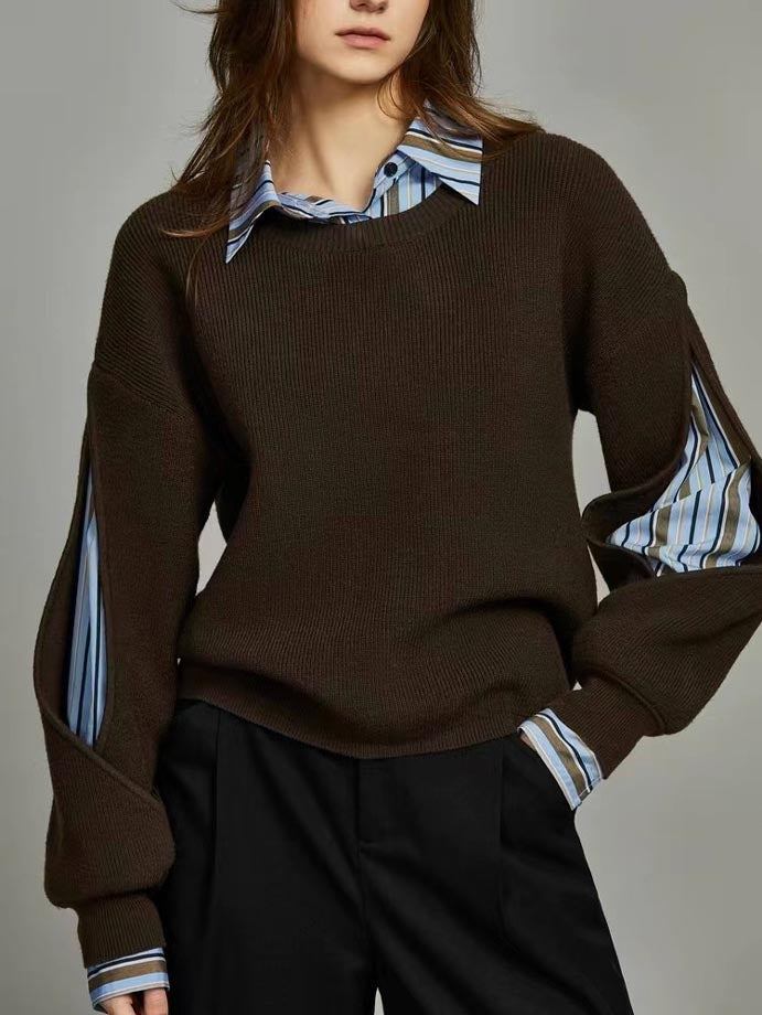 Women's Ribbed Knit Sweater | Layered Collar Detail