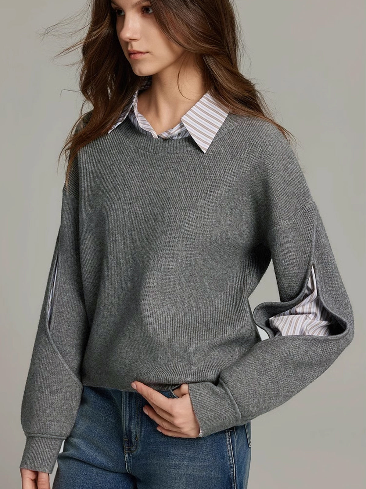 Women's Ribbed Knit Sweater | Layered Collar Detail