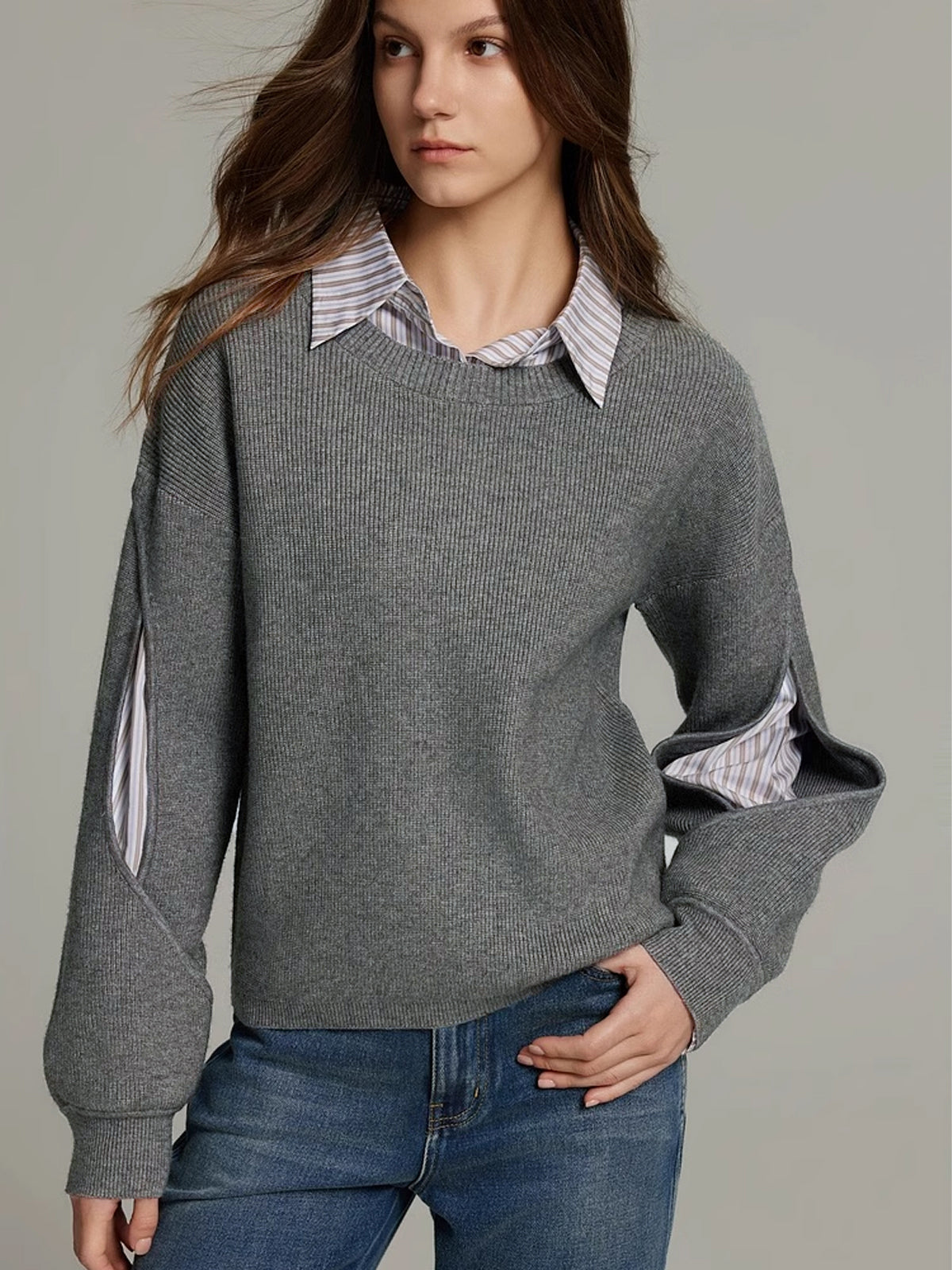 Women's Ribbed Knit Sweater | Layered Collar Detail