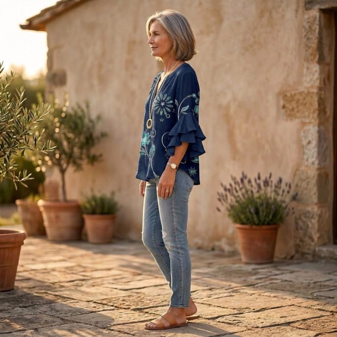 Ruffle-Sleeve Blouse with V-Neck Design