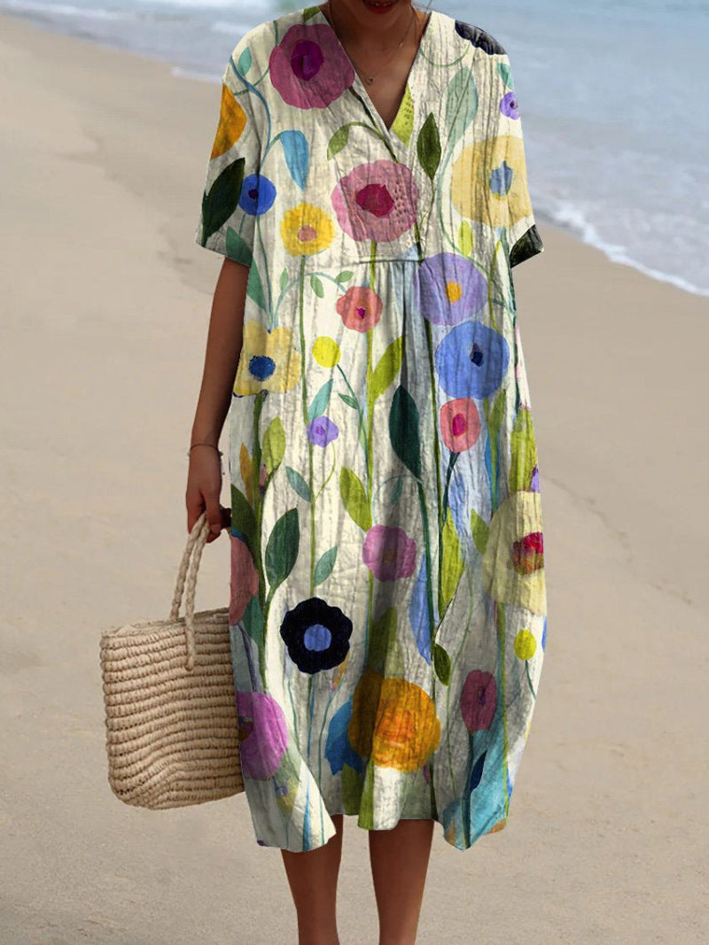 Floral Print Relaxed Fit Midi Dress with V-Neck