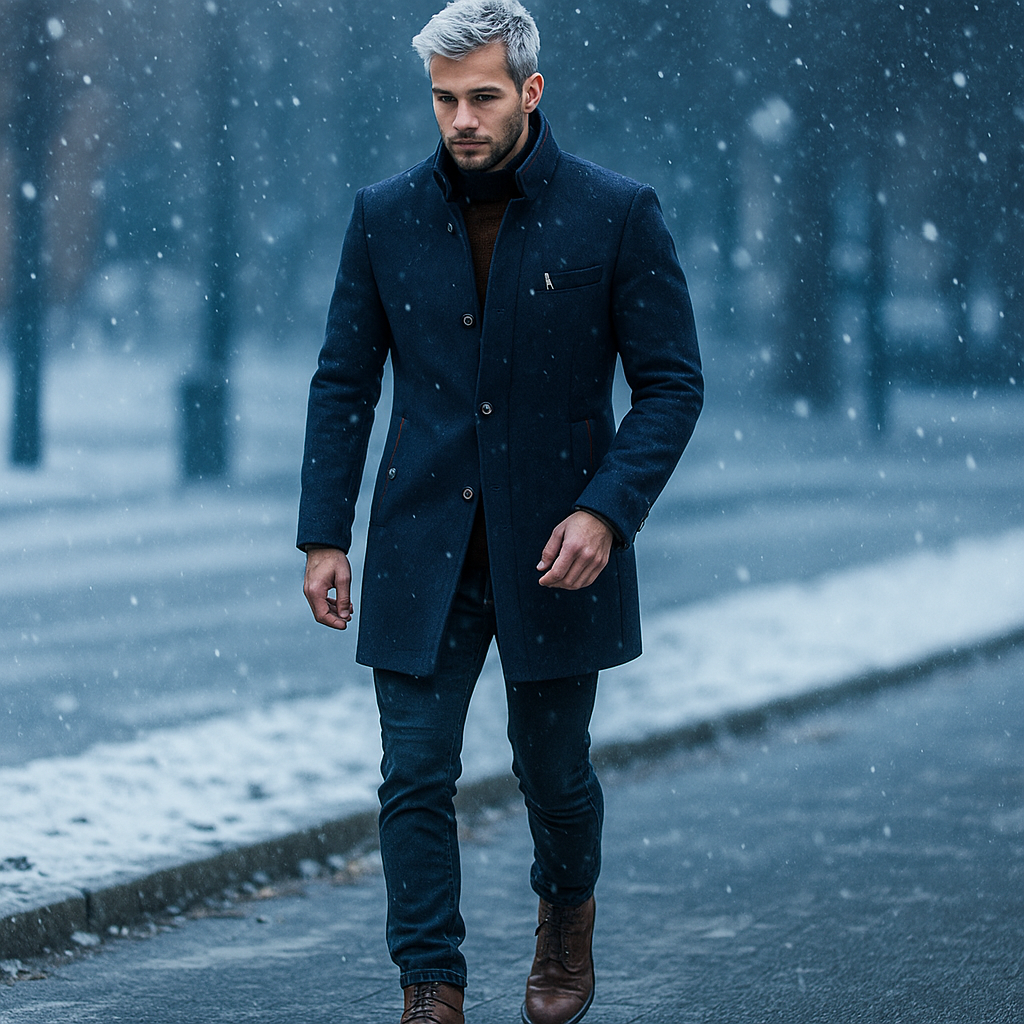 Men's Wool Blend Winter Coat with Stand Collar