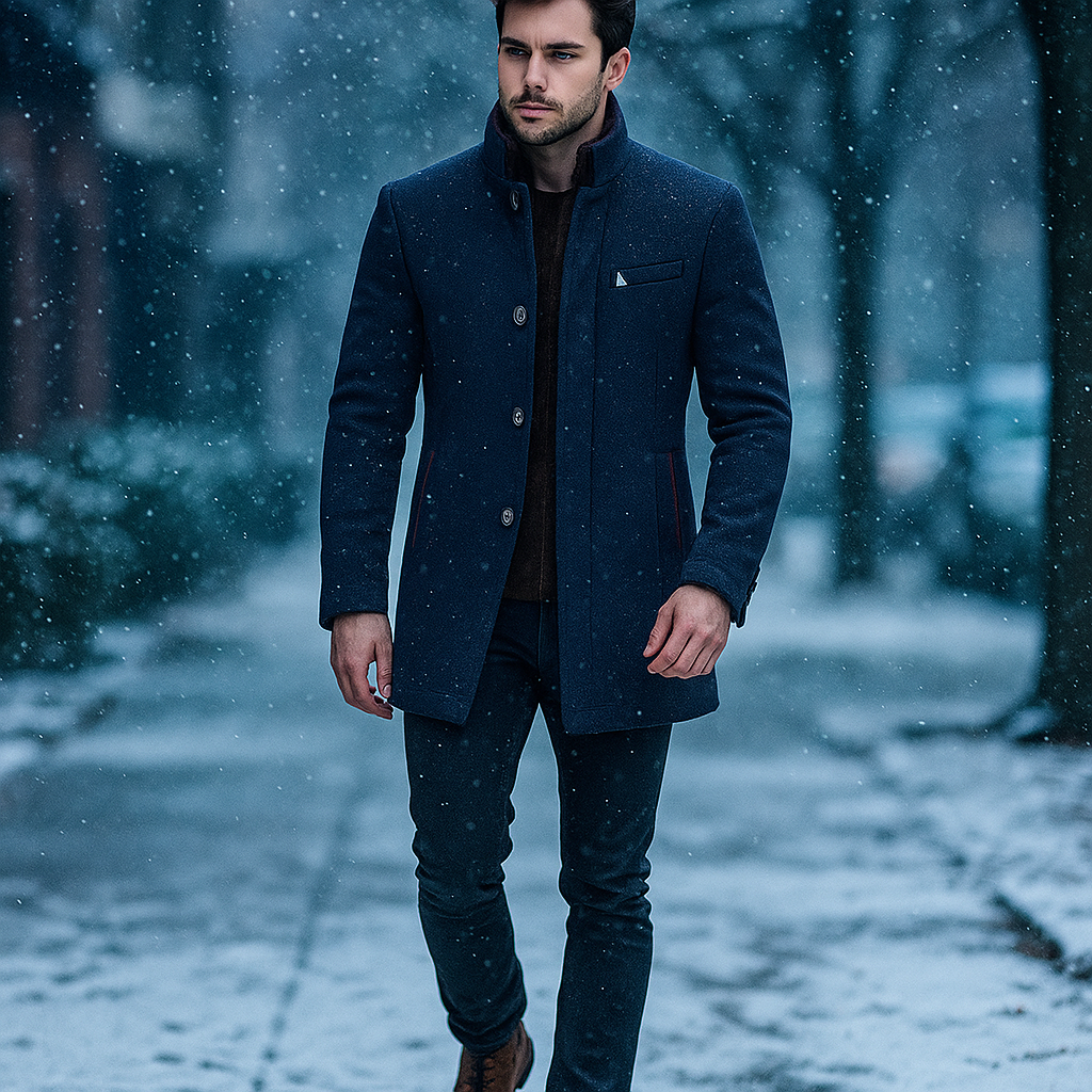 Men's Wool Blend Winter Coat with Stand Collar