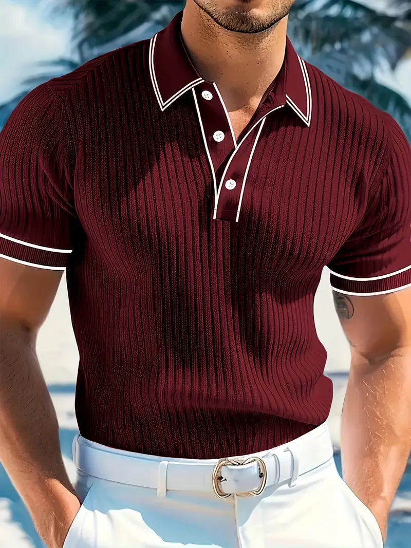 Ribbed Knit Polo with Contrast Placket Trim