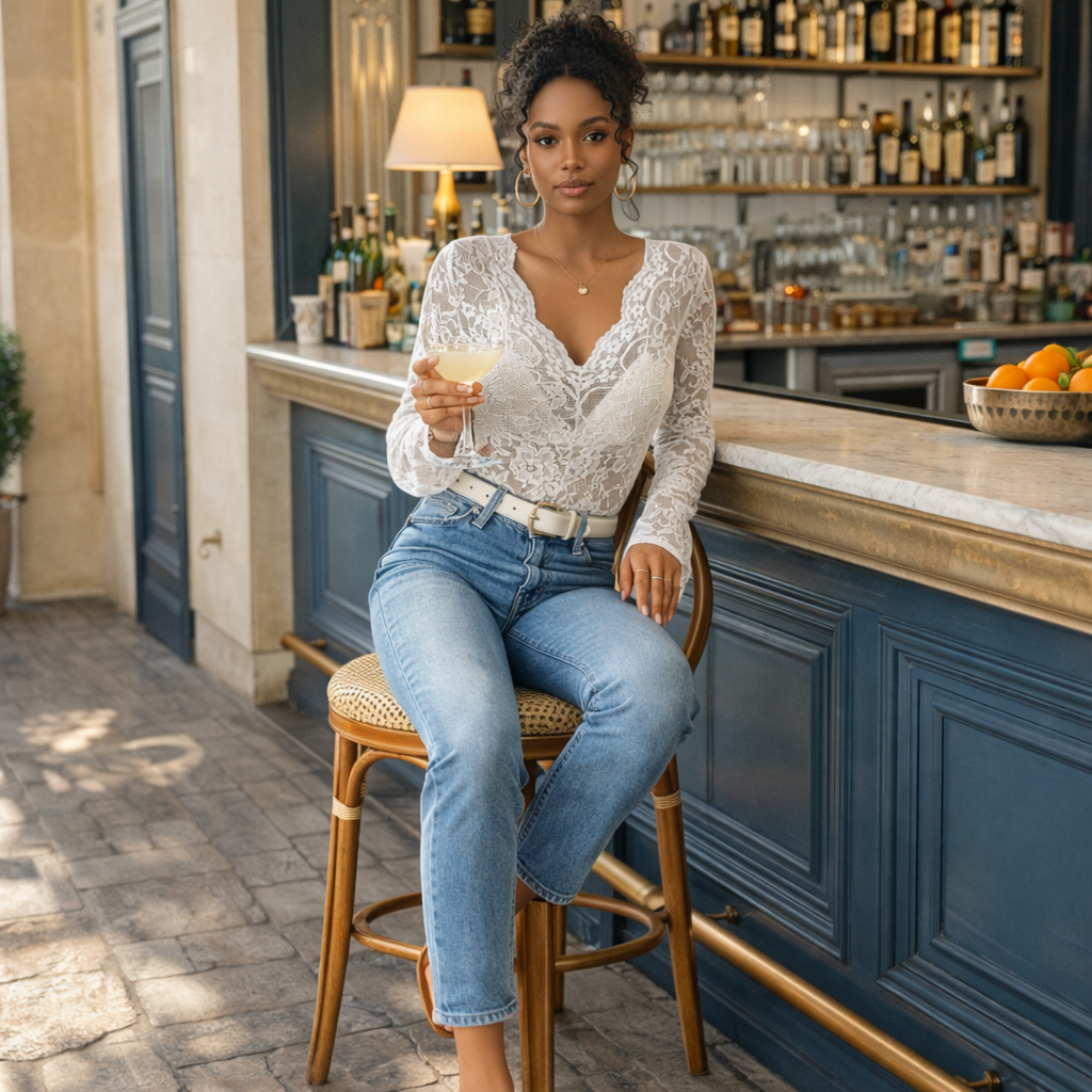 Lace Blouse with V-Neck and Long Sleeves