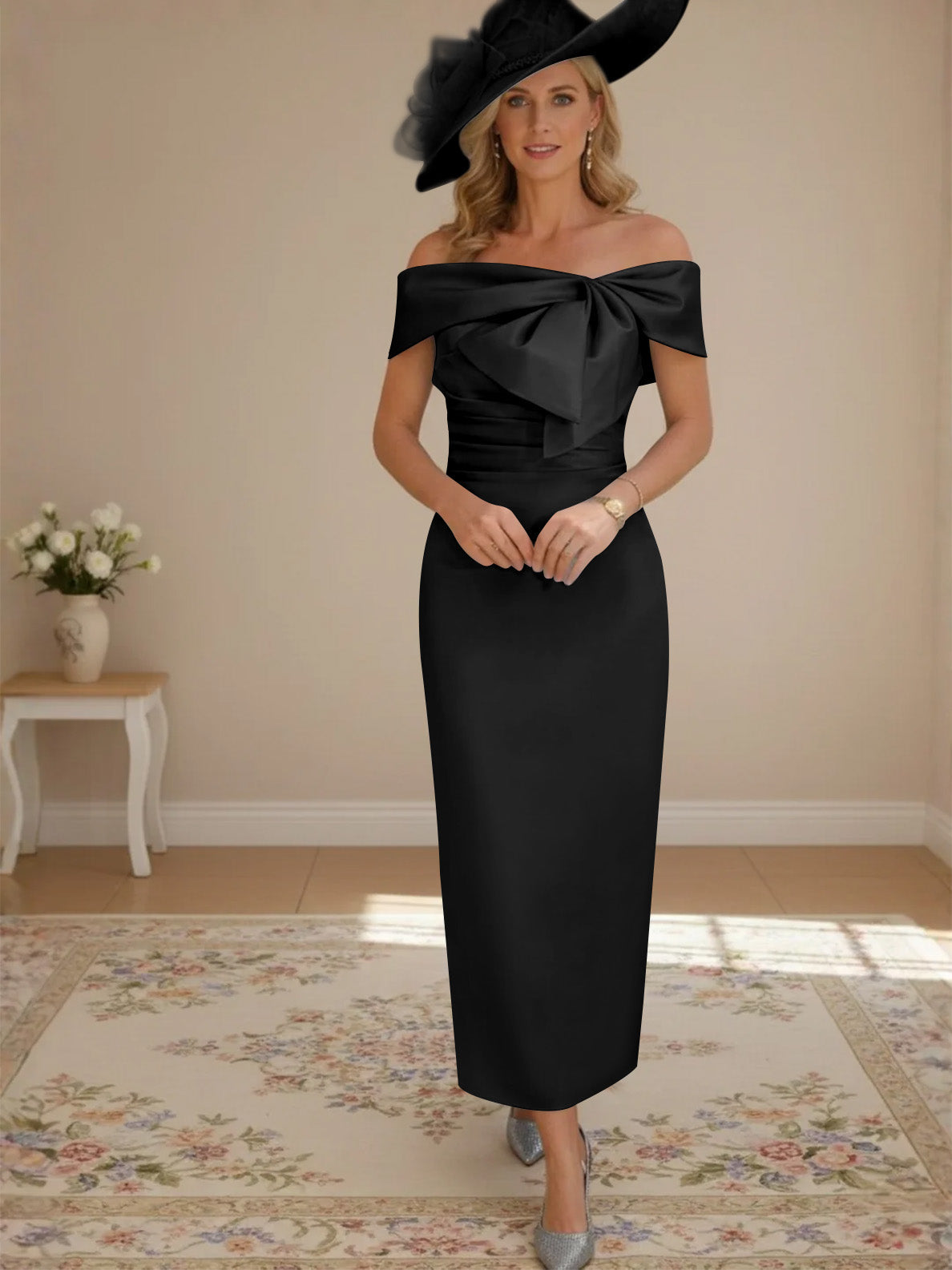 Off-Shoulder Midi Dress with Bow Detail for Occasion Wear