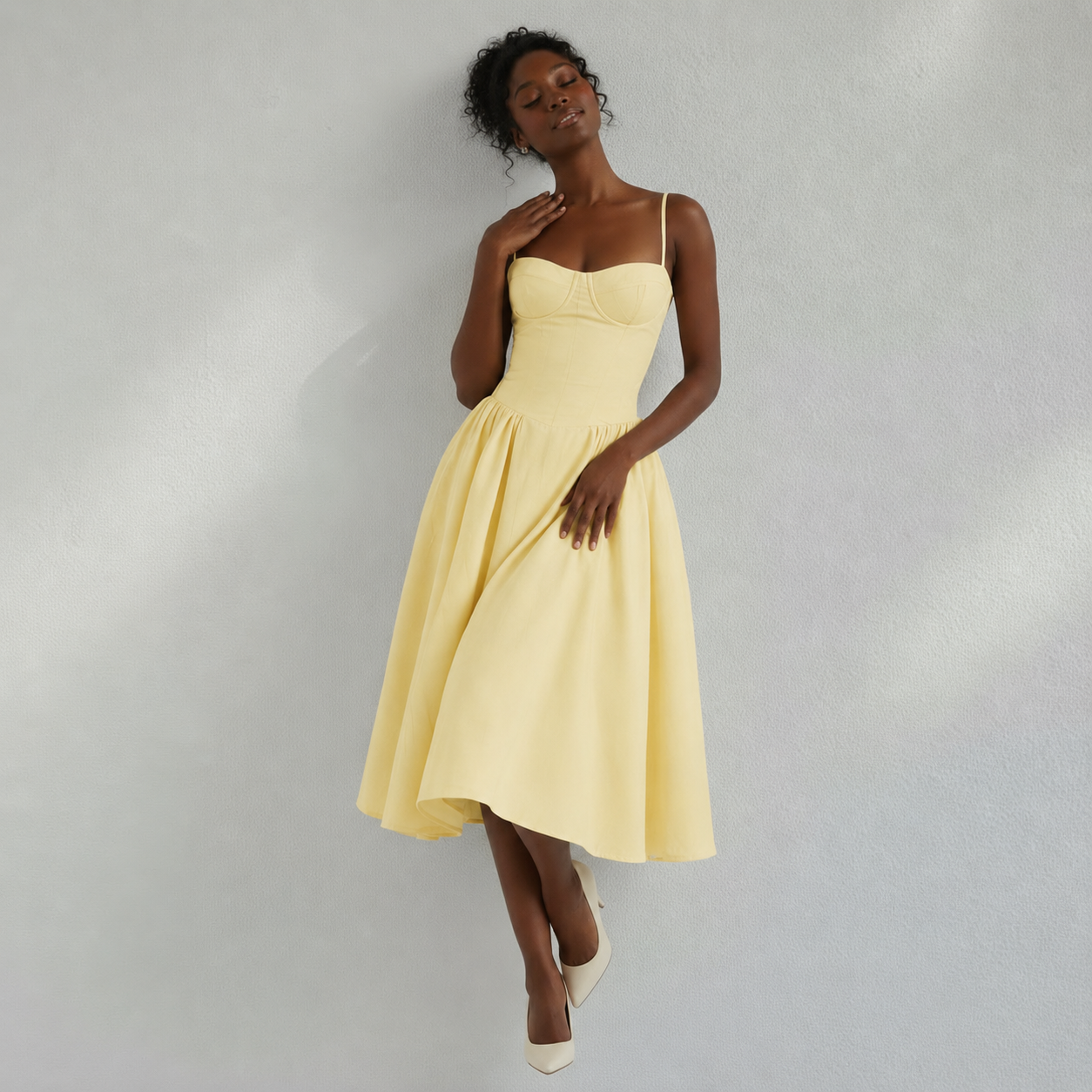 Corset Midi Dress in Cotton with Pleated Full Skirt