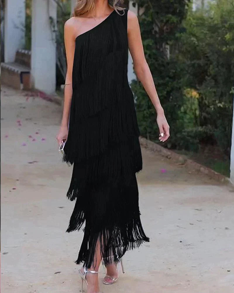 Women's One Shoulder Fringe Maxi Dress