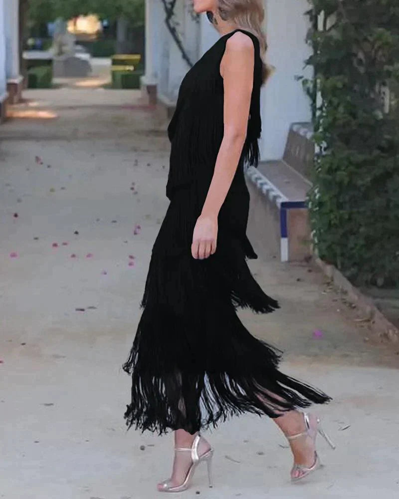 Women's One Shoulder Fringe Maxi Dress