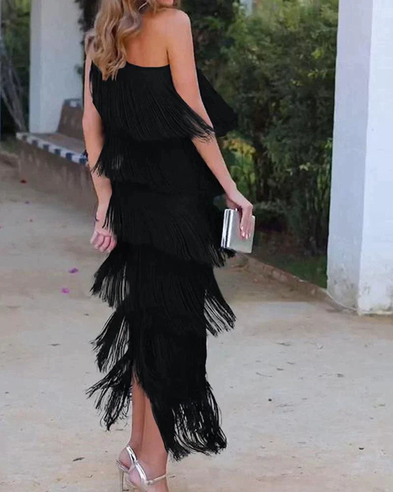 Women's One Shoulder Fringe Maxi Dress