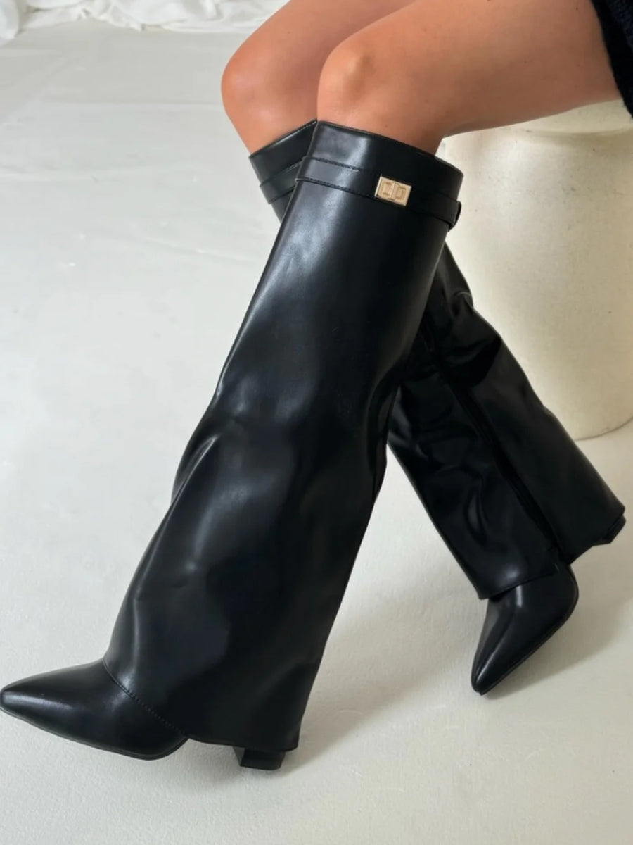 Women's Knee High Block Heel Boots with Side Zip