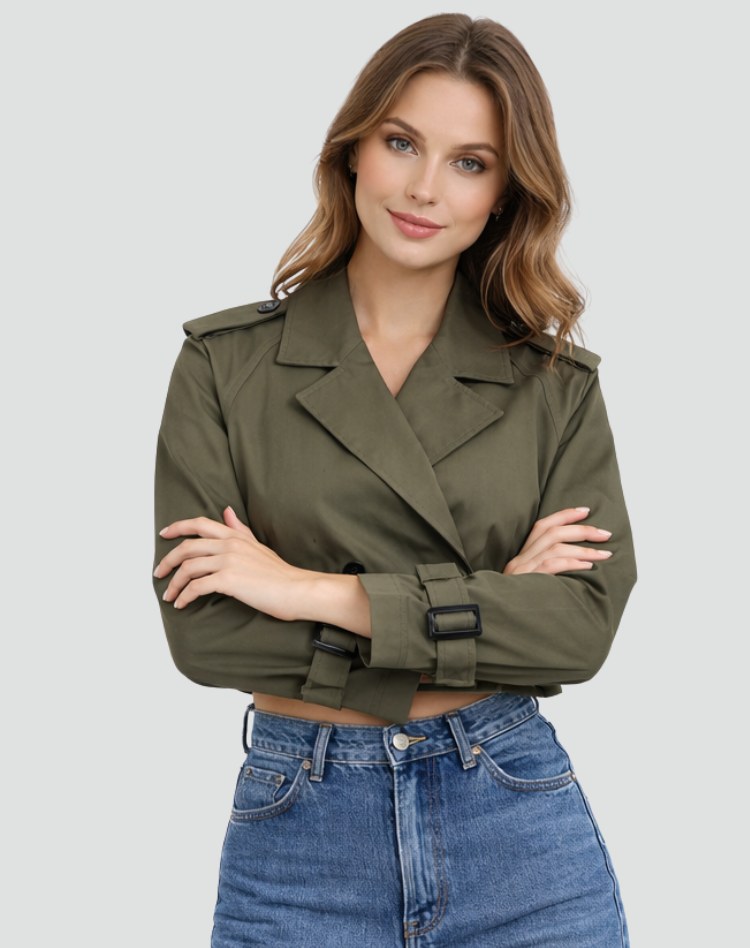 Women's Cropped Double-Breasted Trench Jacket with Belt