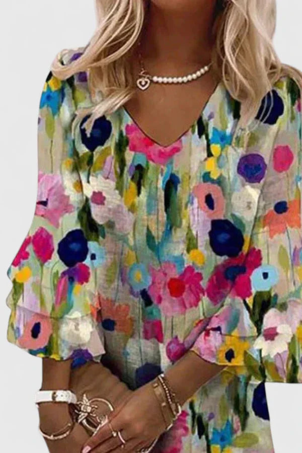 Floral Print Shift Dress with Bell Sleeves