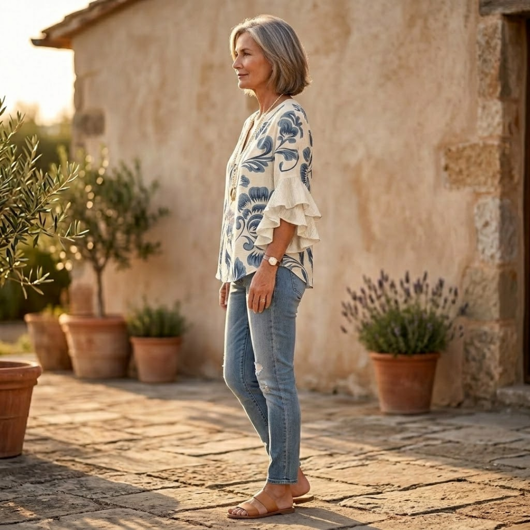 Ruffle-Sleeve Blouse with V-Neck Design