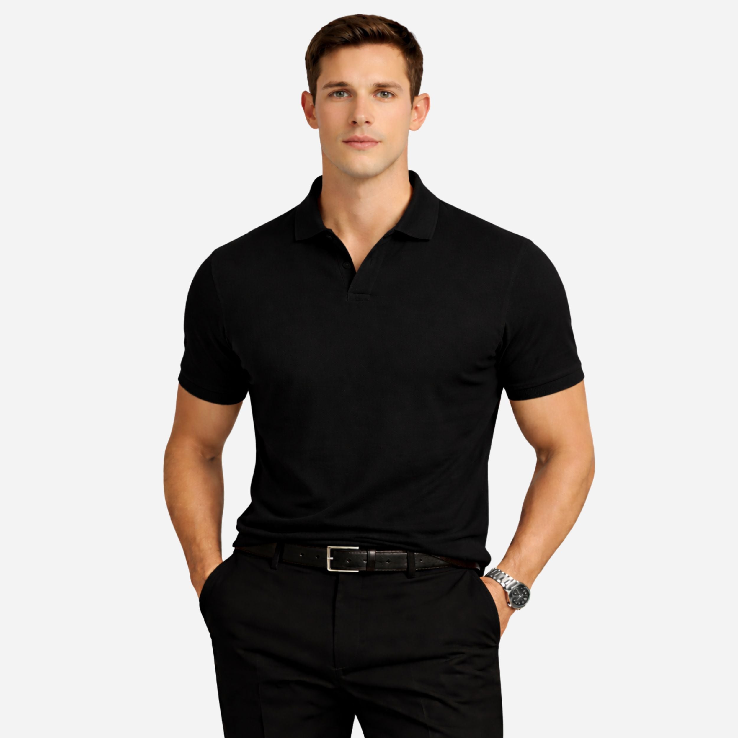 Cotton Polo Shirt with Ribbed Collar and Short Sleeves