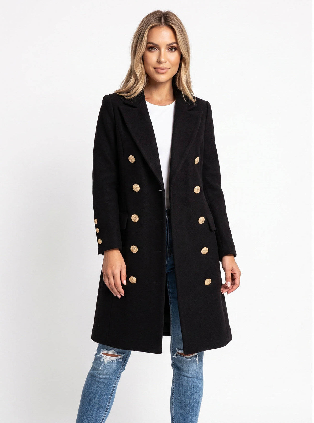 Women's Double Breasted Wool Coat | Midi Length Peacoat
