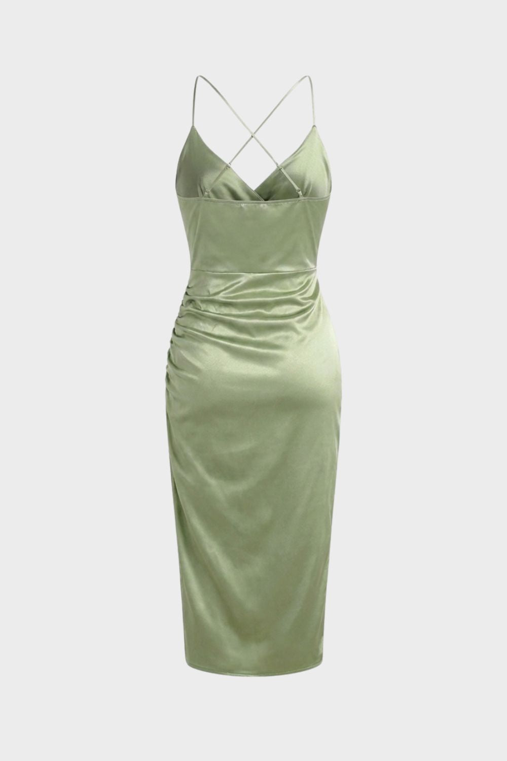 Satin Midi Dress with Ruched Side and Crossed Straps