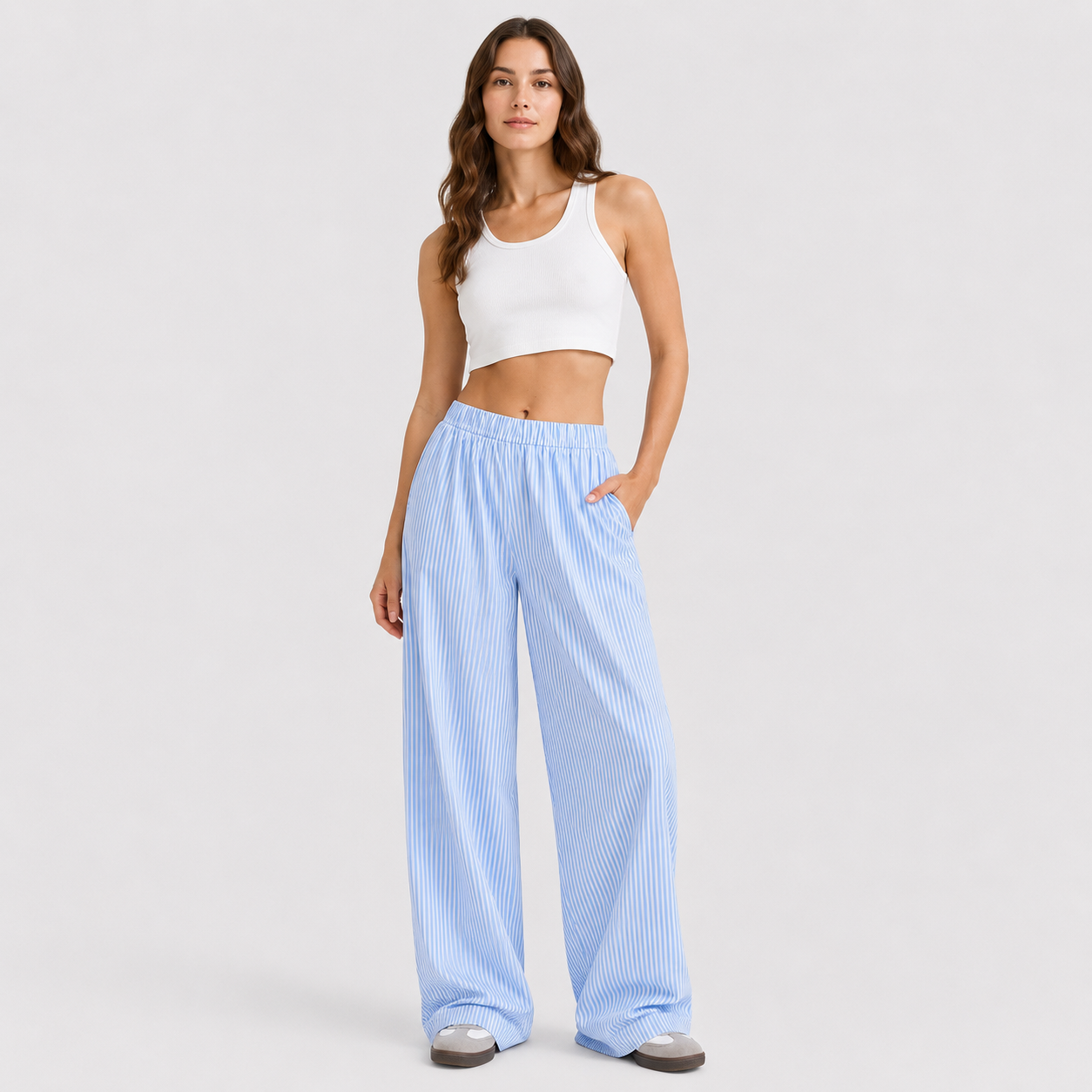 Pinstripe Wide-Leg Trousers with High-Waisted Fit
