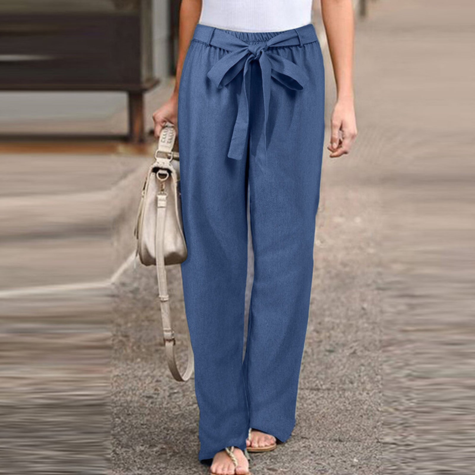 Women's Relaxed Fit Linen Trousers with Tie Waist