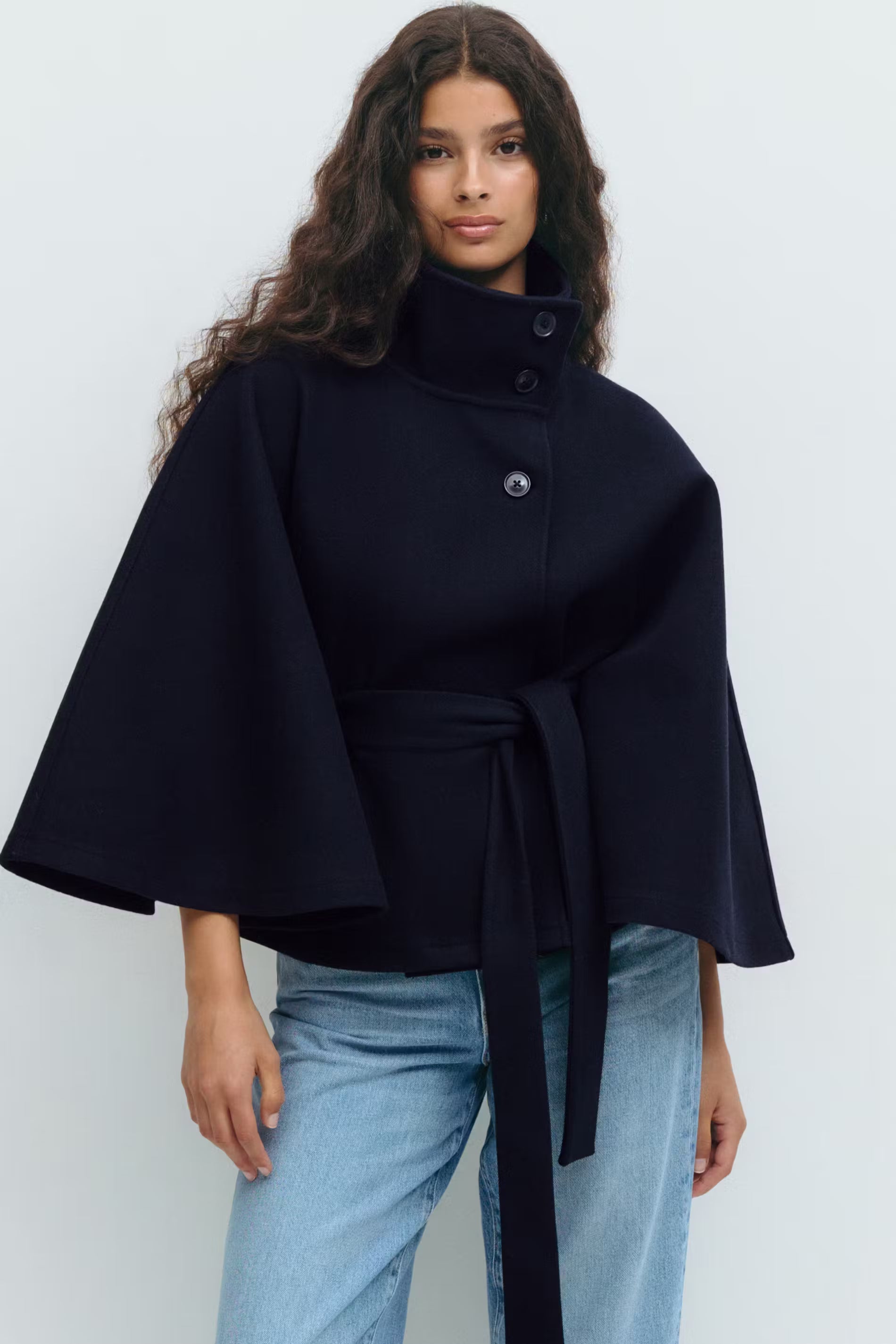 Women's Belted Cape Jacket with High Collar