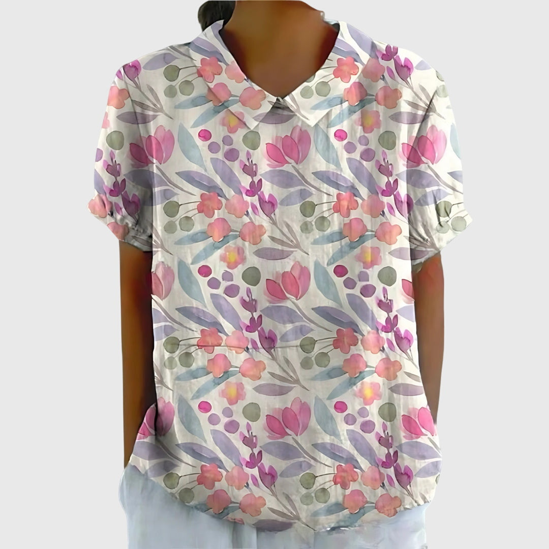 Floral Print Blouse with Collar and Short Sleeves